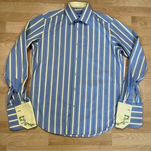Robert Graham Shirt Mens Sz M 39 15.5 Blue Yellow Green Stripes Flip Cuff Button